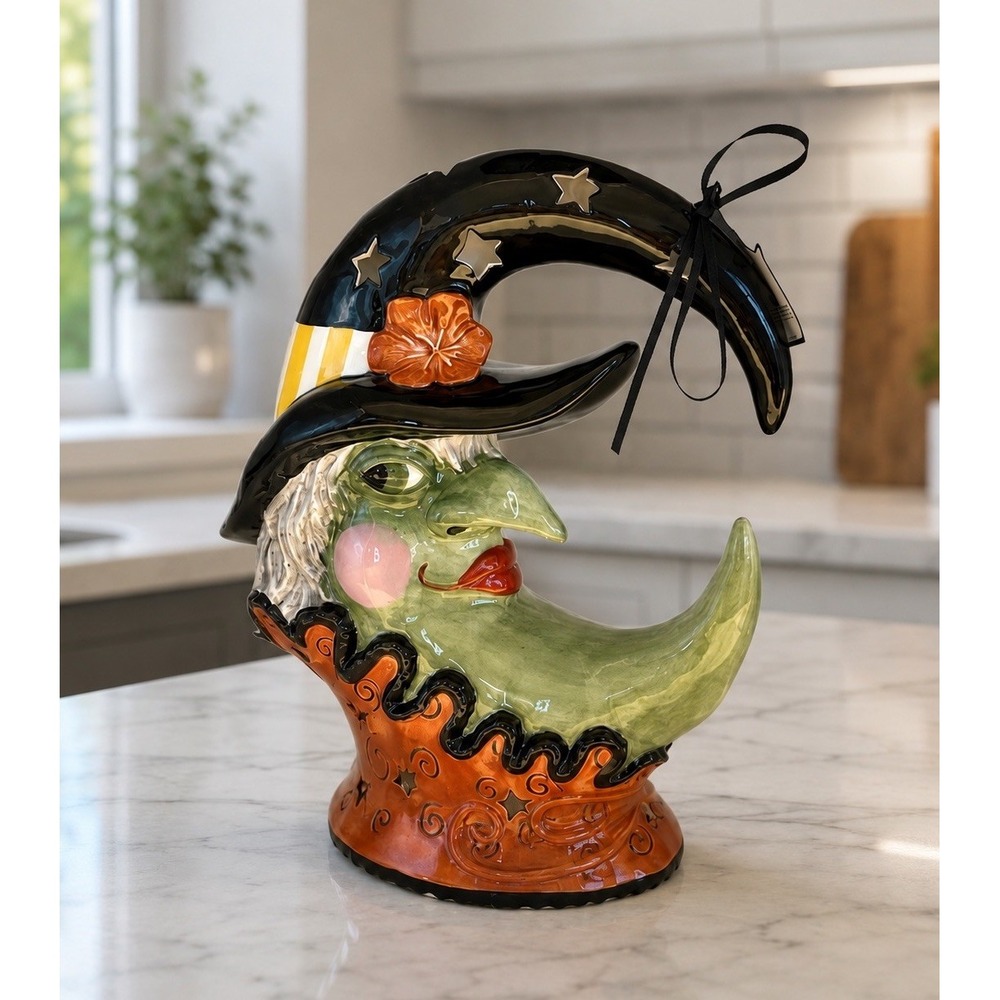 Blue Sky Halloween Crescent Moon Witch Ceramic Tea Light Holder New Whimsigoth